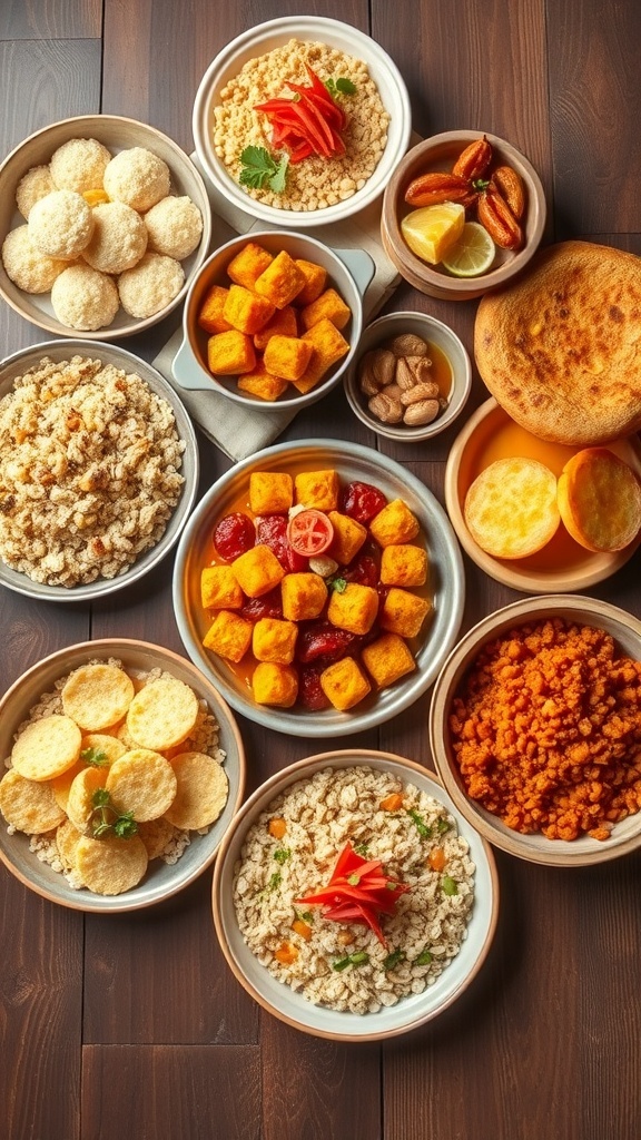 An assortment of Indian breakfast dishes showcasing poha, idli, upma, aloo paratha, dhokla, chole bhature, and masala oats.